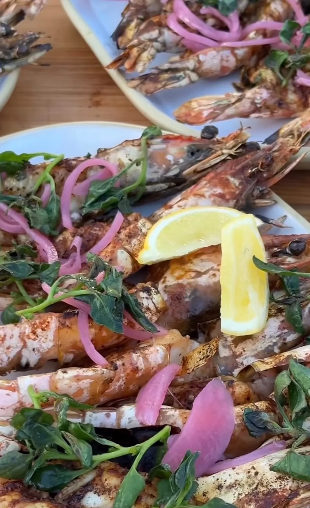 Whole grilled prawns with pickled red onions, lemon and basil — Montecito private chef seafood service