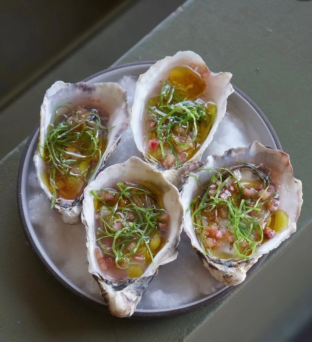 Half-shell oysters with shallot mignonette and shaved shiso — Montecito private chef raw bar service